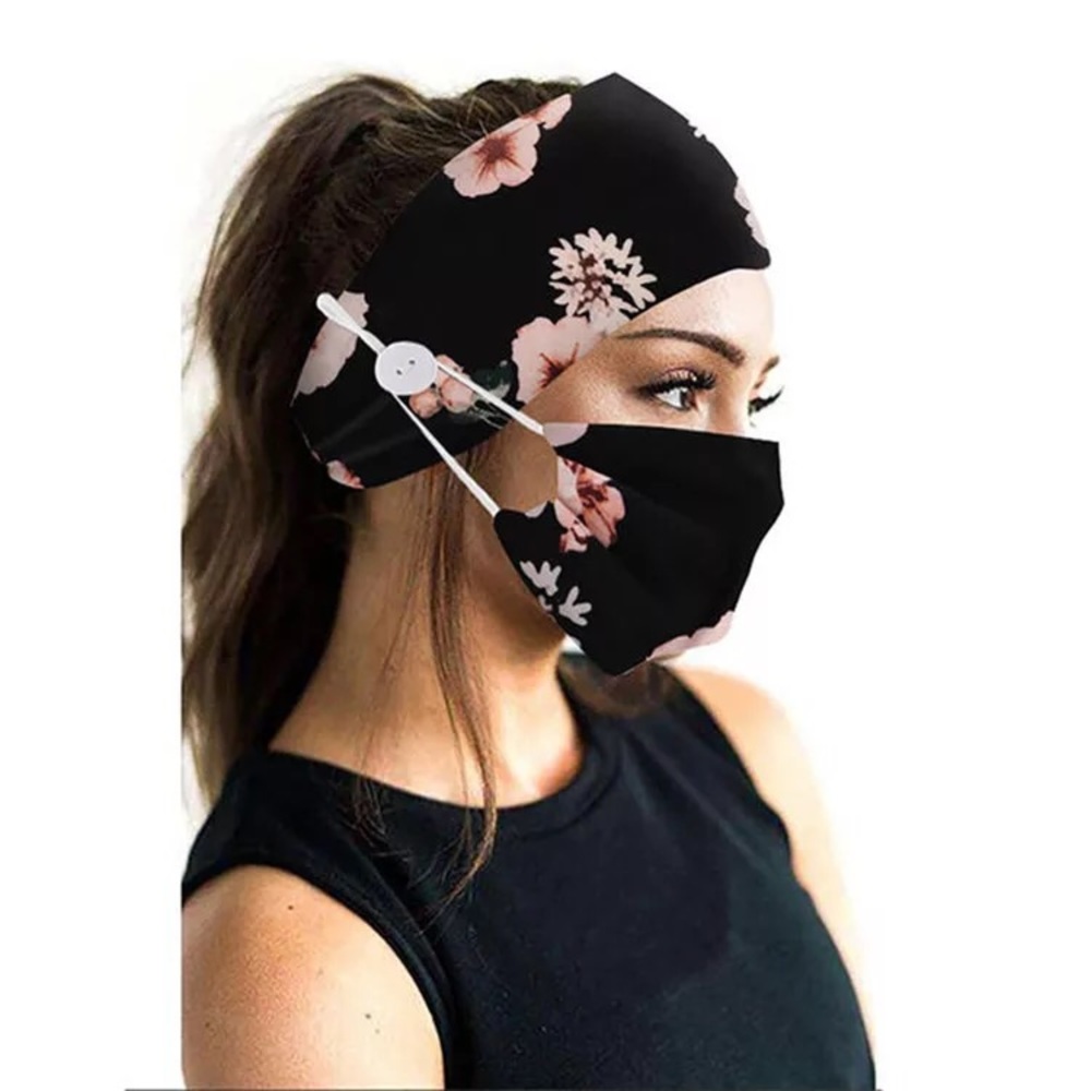 Face mask headband set - black floral design